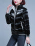 Damen Winter-Fleecejacke - Glänzendes Schwarz mit Stehkragen und Reißverschluss